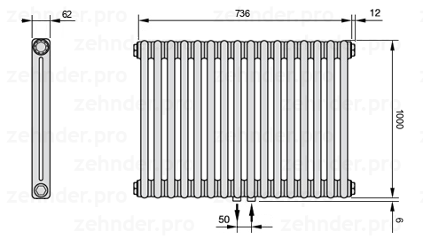 Схема (чертеж) Радиатор Zehnder Charleston 2100/16 №5410 Белый глянцевый RAL 9016
